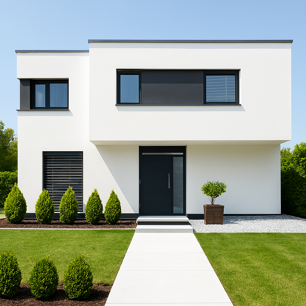 A minimalist, two-storey modern house with a white facade, black window frames, and a matching black front door