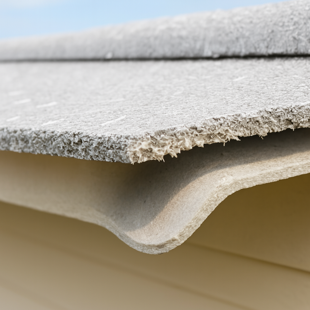 A close-up shot of a weathered, fibrous cement roofing sheet with visible frayed and deteriorating edges, often associated with legacy asbestos-containing materials.