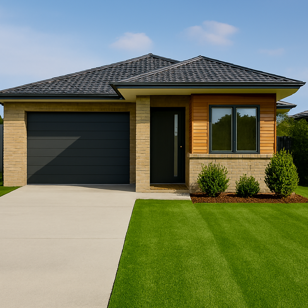 A modern single-storey house featuring a tan brick and wood-panelled exterior, a dark grey garage door, and a neatly manicured green lawn