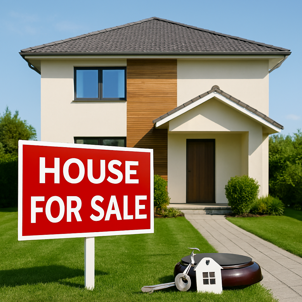A modern two-storey house with a red "HOUSE FOR SALE" sign on the front lawn