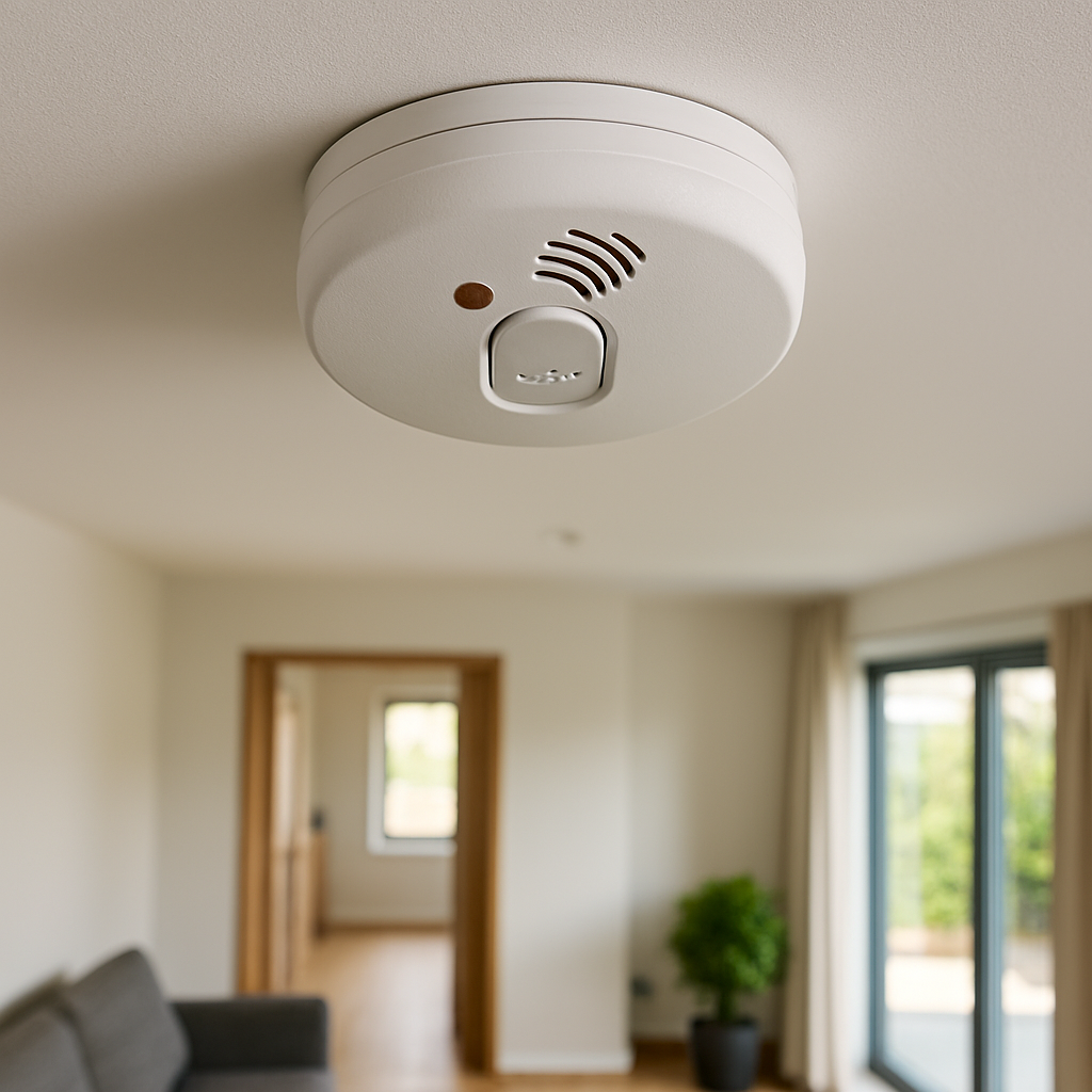 A close-up of a white smoke detector mounted on a ceiling in a modern home