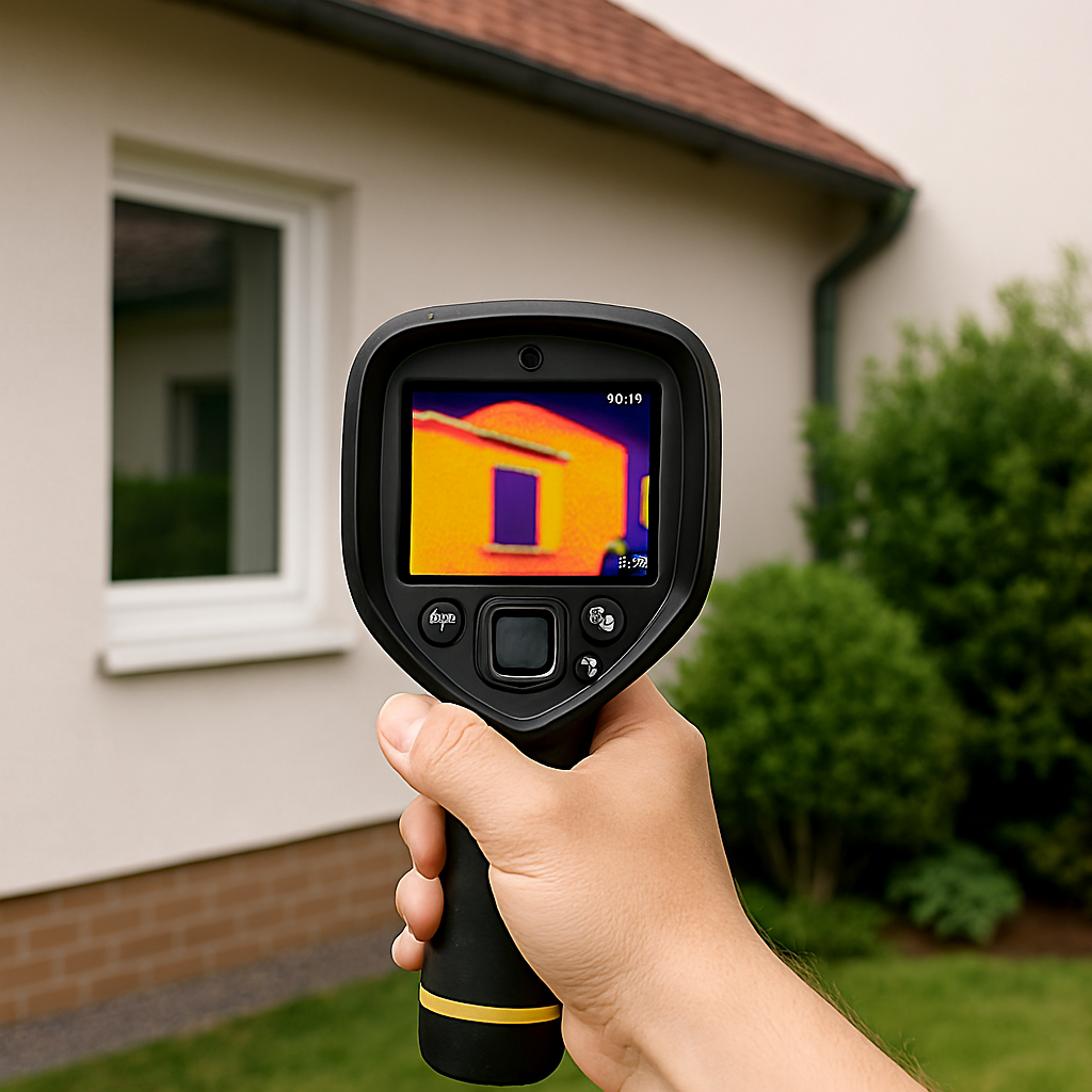A hand holding a thermal imaging camera directed at the exterior of a house