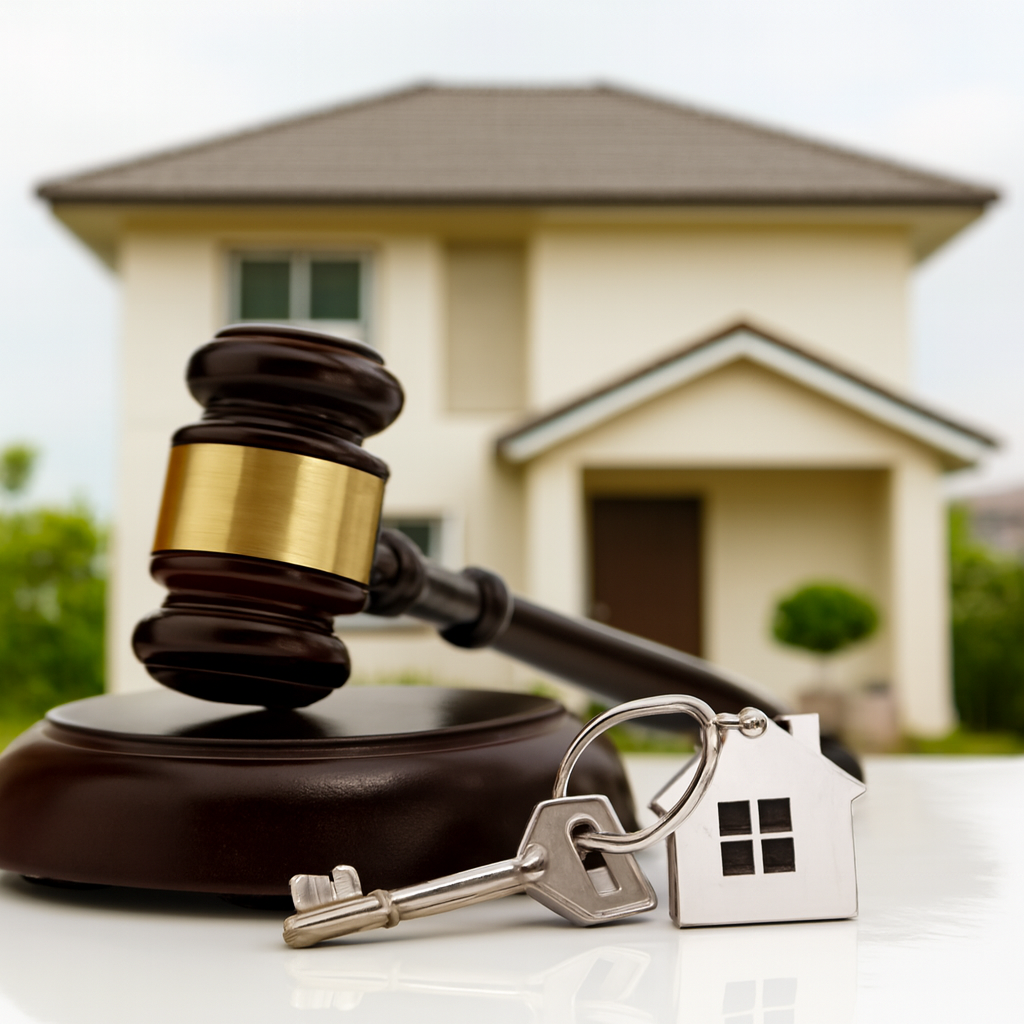 A wooden judge's gavel and a set of house keys with a home-shaped keychain in the foreground