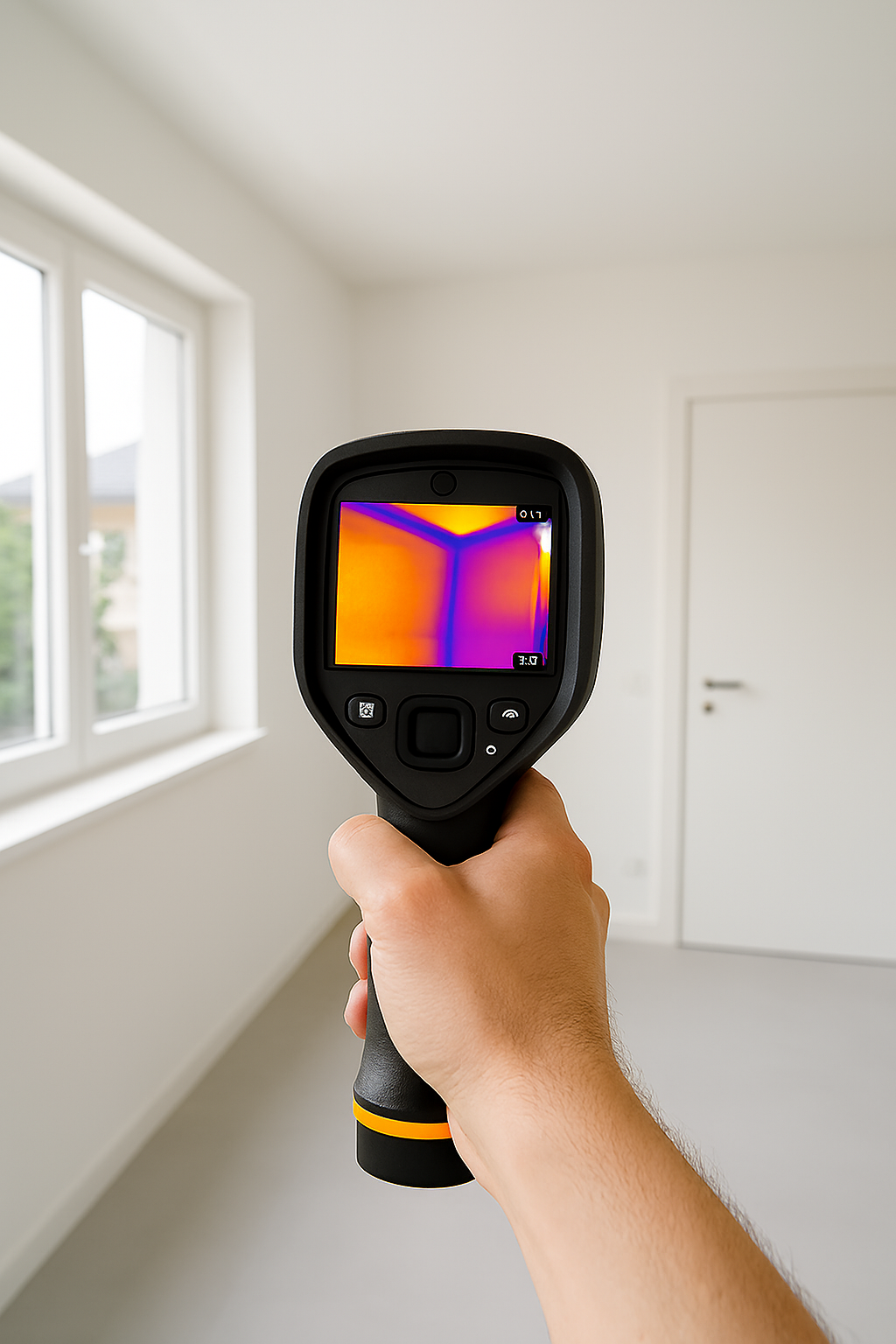 A hand holding a thermal imaging camera directed at the corner of a room